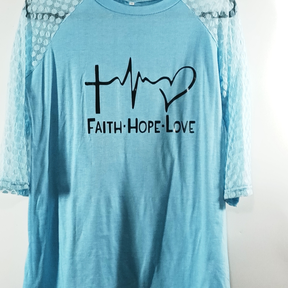 Inspirational Pullover Top XL Blue Faith Hope Love   Women's  3/4 Sleeves Sheer